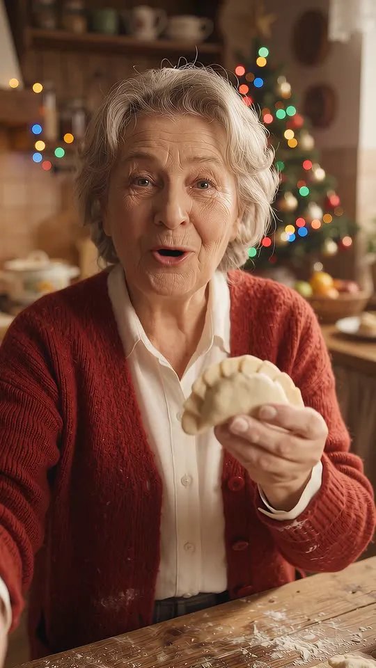 Babcia lepi pierogi i składa życzenia